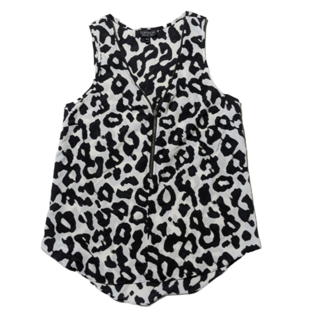 Topshop Animal Print Tank Black‎ and White Zipper Front Size 4